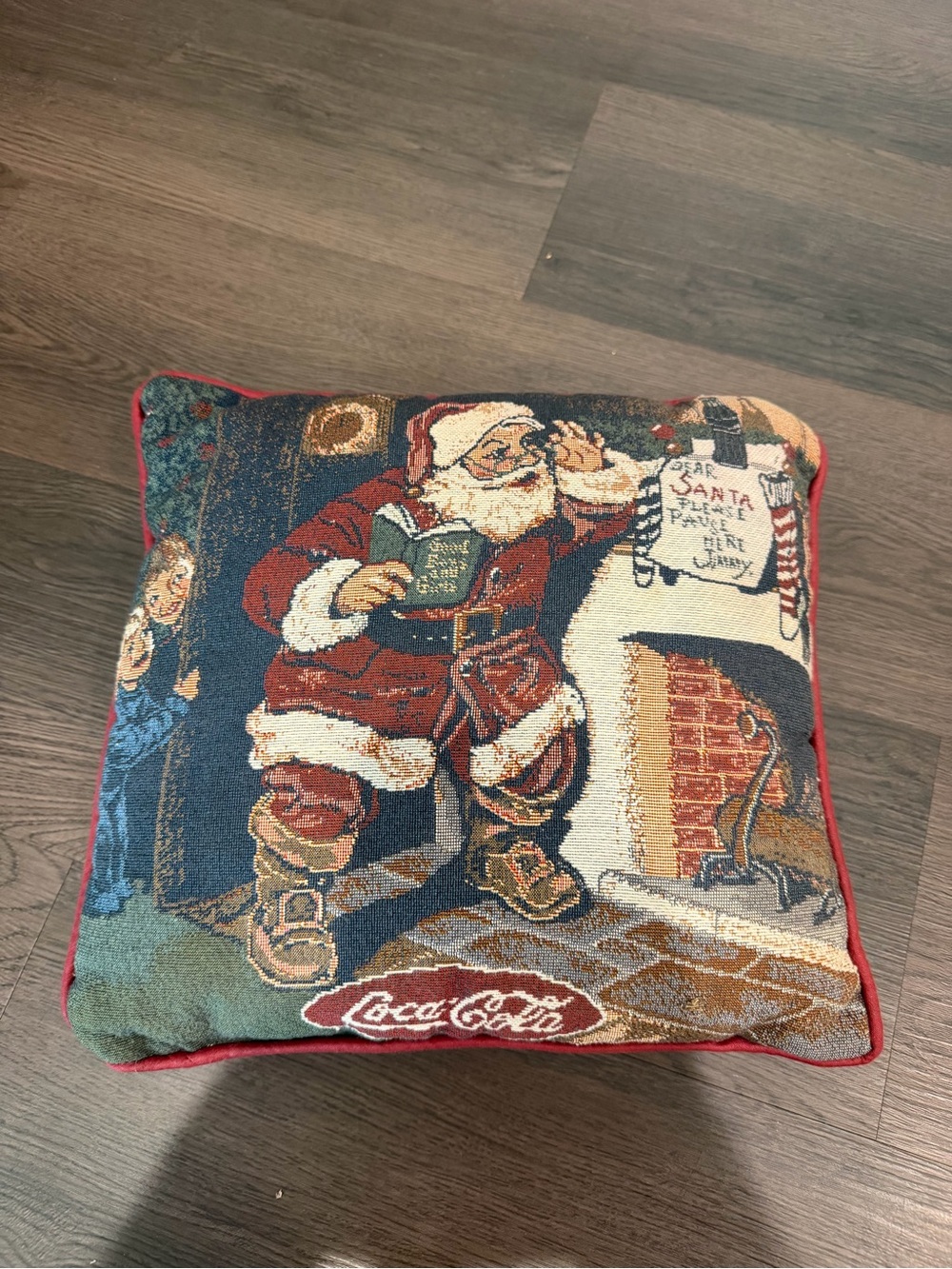 Coca Cola Santa Tapestry Accent Pillow - Red, Navy, Cream